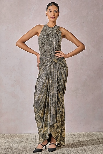 Black & Gold Foil Jersey Concept Saree Set by Tarun Tahiliani