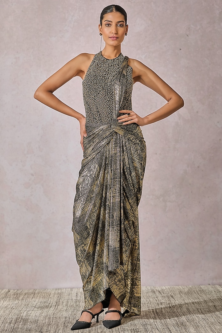 Black & Gold Foil Jersey Concept Saree Set by Tarun Tahiliani