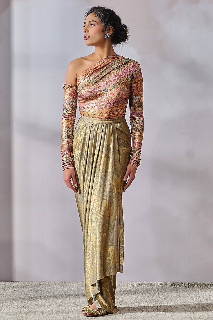 Multi-Colored Foil Jersey Floral Motif Printed One-Shoulder Top by Tarun Tahiliani at Pernia's Pop Up Shop