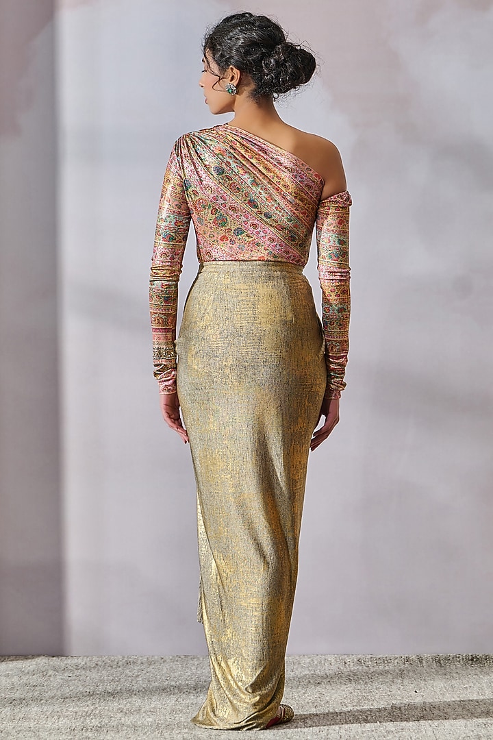 Multi-Colored Foil Jersey Floral Motif Printed One-Shoulder Top by Tarun Tahiliani at Pernia's Pop Up Shop