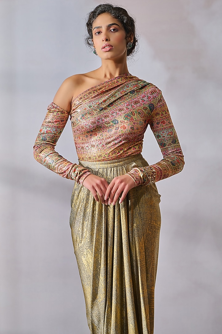 Multi-Colored Foil Jersey Floral Motif Printed One-Shoulder Top by Tarun Tahiliani at Pernia's Pop Up Shop
