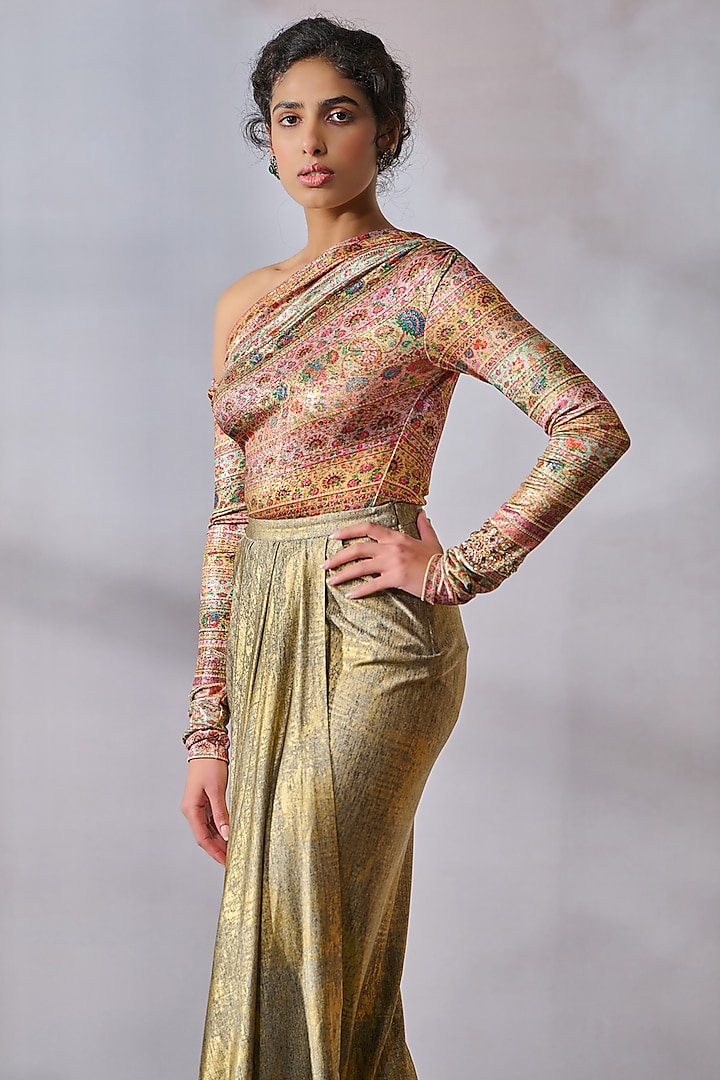Multi-Colored Foil Jersey Floral Motif Printed One-Shoulder Top by Tarun Tahiliani at Pernia's Pop Up Shop