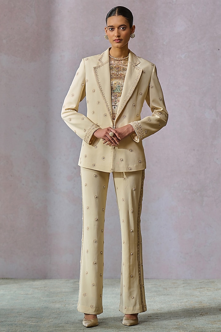 Ecru Silk Georgette Chikankari Hand Embroidered Jacket Set by Tarun Tahiliani at Pernia's Pop Up Shop