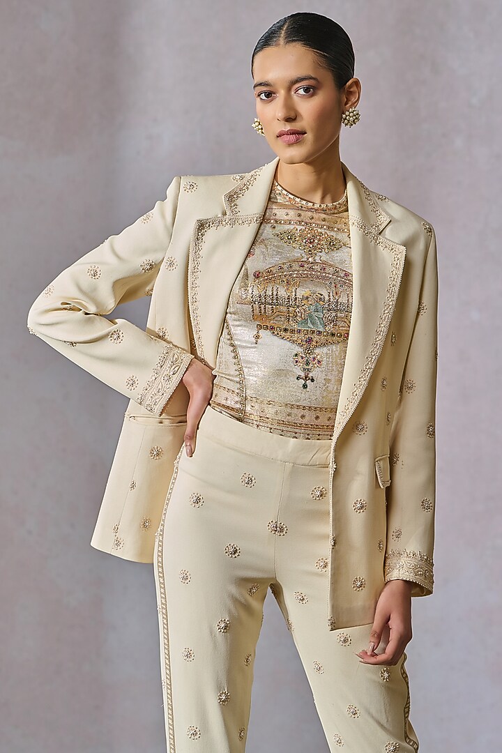 Ecru Silk Georgette Chikankari Hand Embroidered Jacket Set by Tarun Tahiliani at Pernia's Pop Up Shop