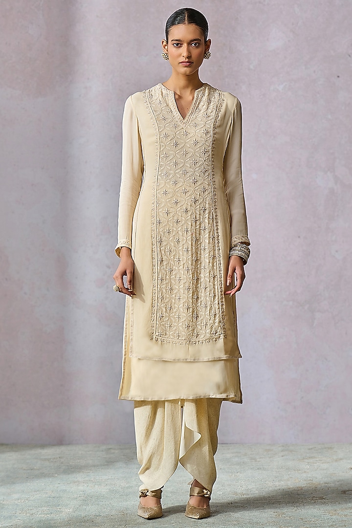 Ecru Silk Georgette Chikankari Hand Embroidered Layered Kurta Set by Tarun Tahiliani at Pernia's Pop Up Shop