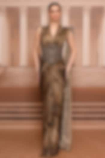 Black & Gold Georgette Draped Concept Bridal Saree Set by Tarun Tahiliani at Pernia's Pop Up Shop