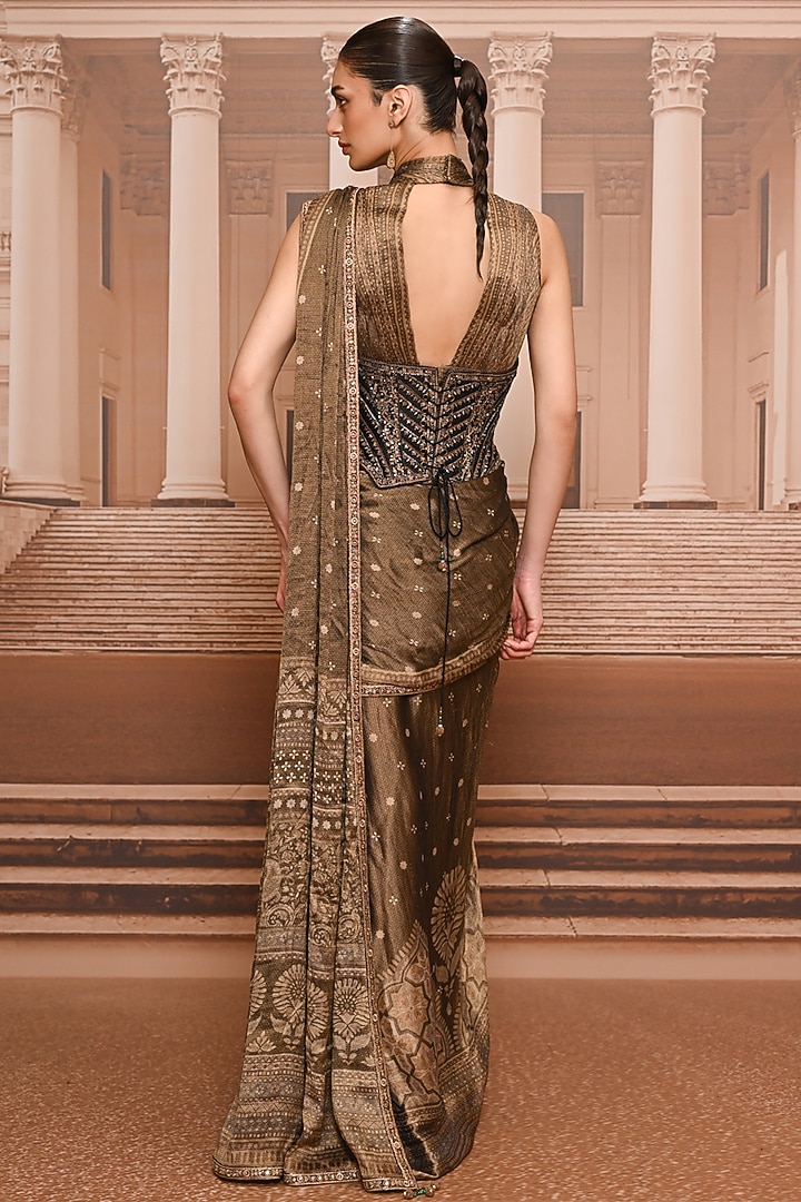 Black & Gold Georgette Draped Concept Bridal Saree Set by Tarun Tahiliani at Pernia's Pop Up Shop