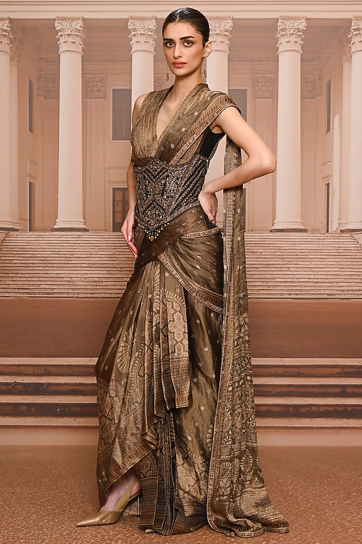 Black & Gold Georgette Draped Concept Bridal Saree Set by Tarun Tahiliani at Pernia's Pop Up Shop
