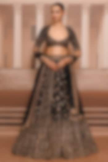 Black & Gold Satin Organza Hand Embroidered Bridal Lehenga Set by Tarun Tahiliani at Pernia's Pop Up Shop