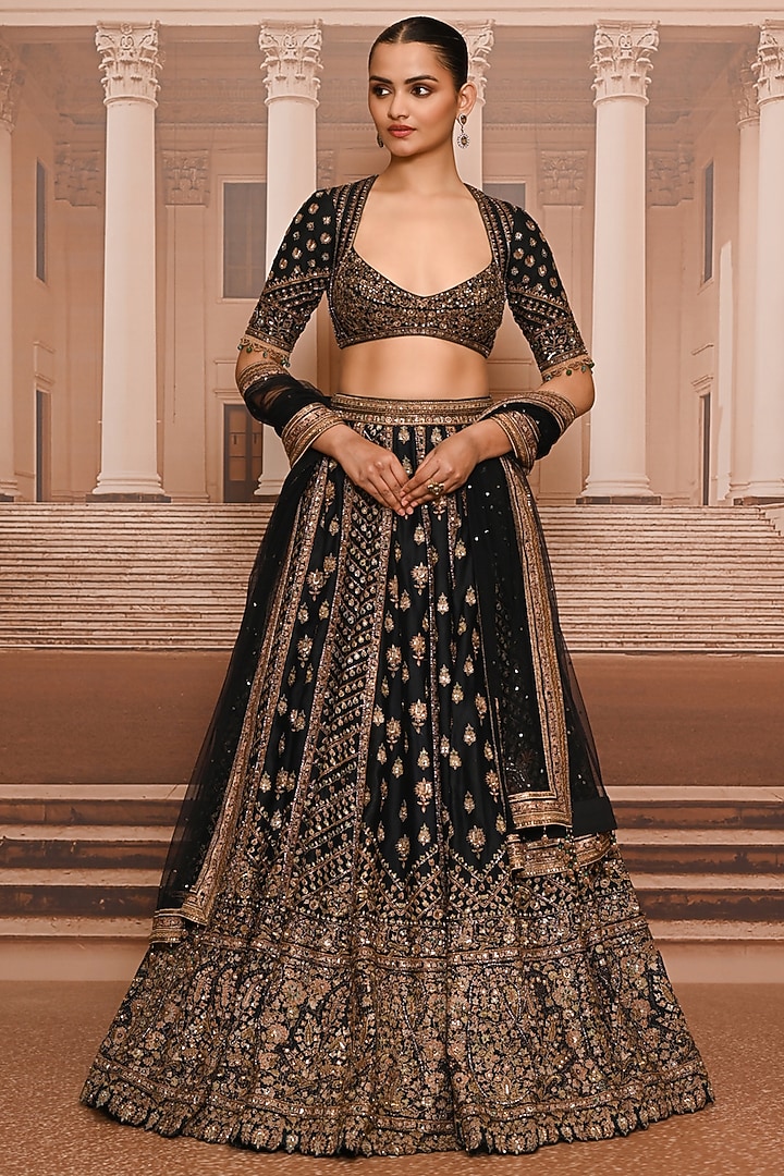 Black & Gold Satin Organza Hand Embroidered Bridal Lehenga Set by Tarun Tahiliani at Pernia's Pop Up Shop