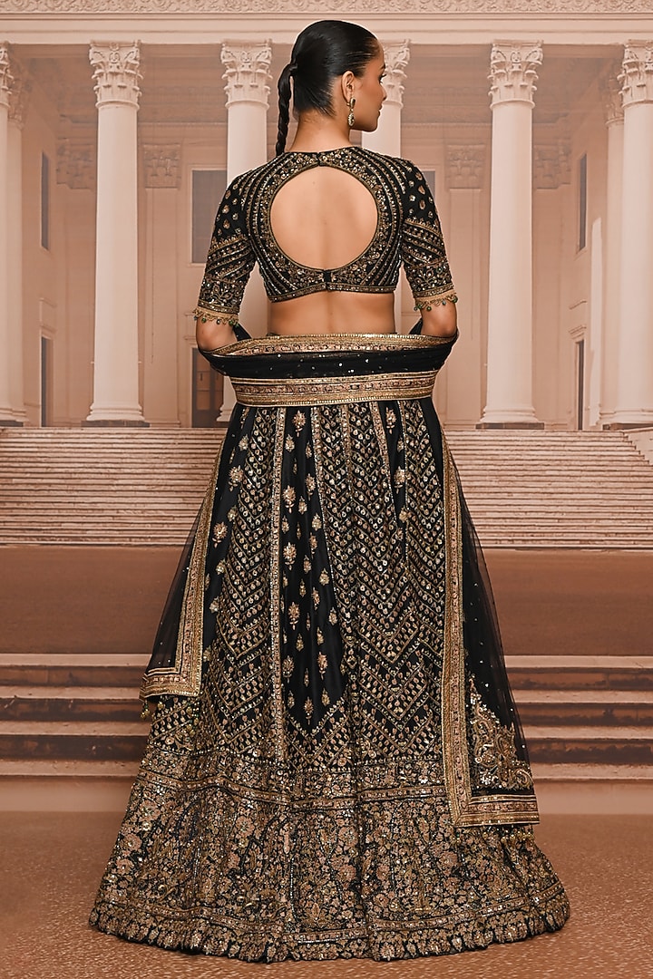 Black & Gold Satin Organza Hand Embroidered Bridal Lehenga Set by Tarun Tahiliani at Pernia's Pop Up Shop