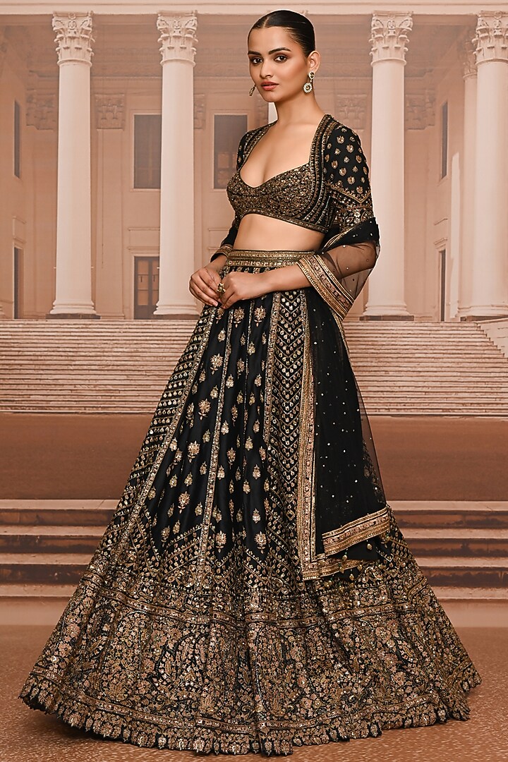 Black & Gold Satin Organza Hand Embroidered Bridal Lehenga Set by Tarun Tahiliani at Pernia's Pop Up Shop