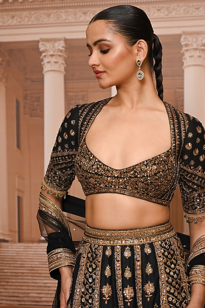 Black & Gold Satin Organza Hand Embroidered Bridal Lehenga Set by Tarun Tahiliani at Pernia's Pop Up Shop