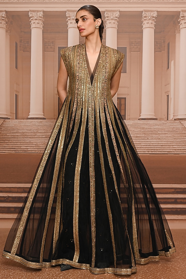 Black & Gold Tulle Sequins Embroidered Kurta Set by Tarun Tahiliani at Pernia's Pop Up Shop