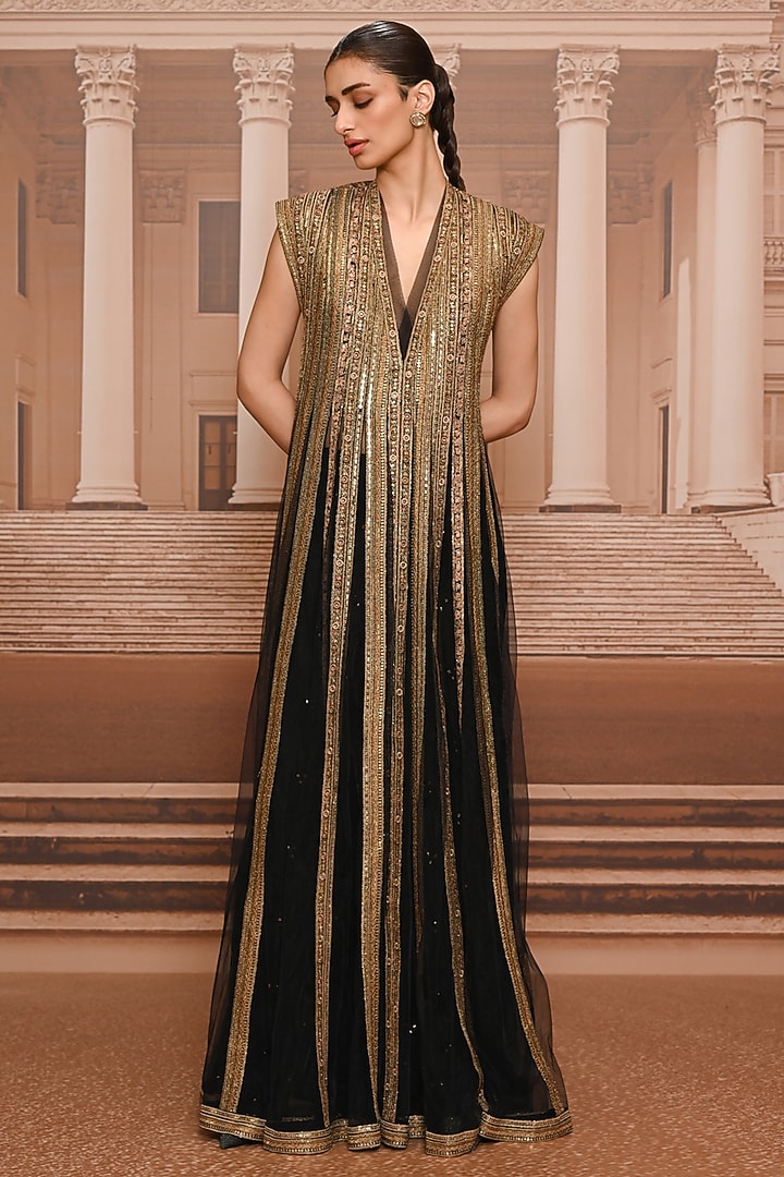 Black & Gold Tulle Sequins Embroidered Kurta Set by Tarun Tahiliani at Pernia's Pop Up Shop