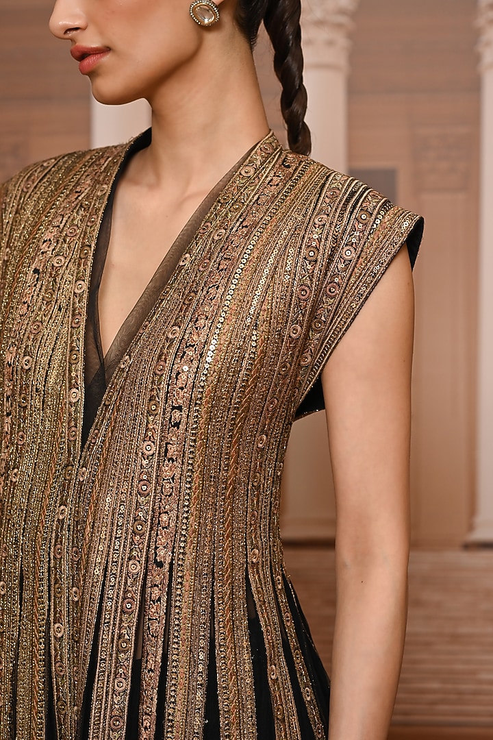 Black & Gold Tulle Sequins Embroidered Kurta Set by Tarun Tahiliani at Pernia's Pop Up Shop