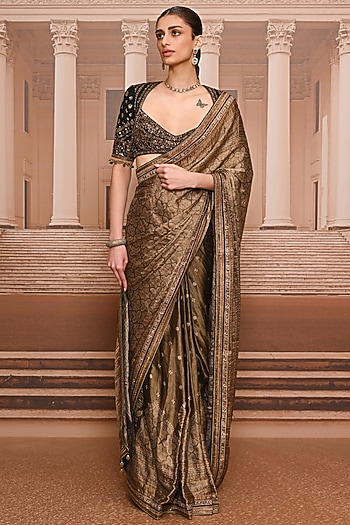 Black & Gold Georgette Embroidered Saree Set by Tarun Tahiliani