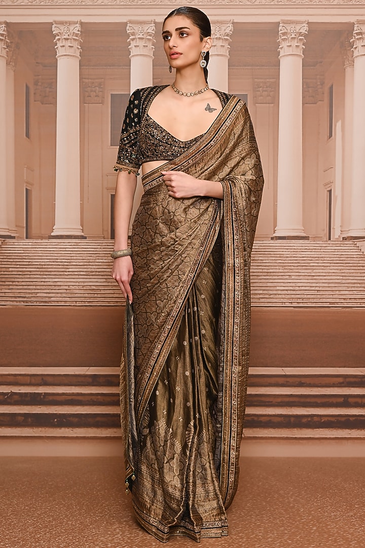 Black & Gold Georgette Embroidered Bridal Saree Set by Tarun Tahiliani at Pernia's Pop Up Shop