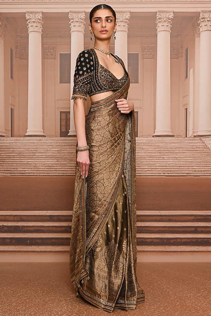 Black & Gold Georgette Embroidered Bridal Saree Set by Tarun Tahiliani at Pernia's Pop Up Shop