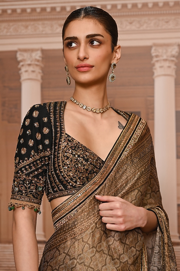 Black & Gold Georgette Embroidered Bridal Saree Set by Tarun Tahiliani at Pernia's Pop Up Shop
