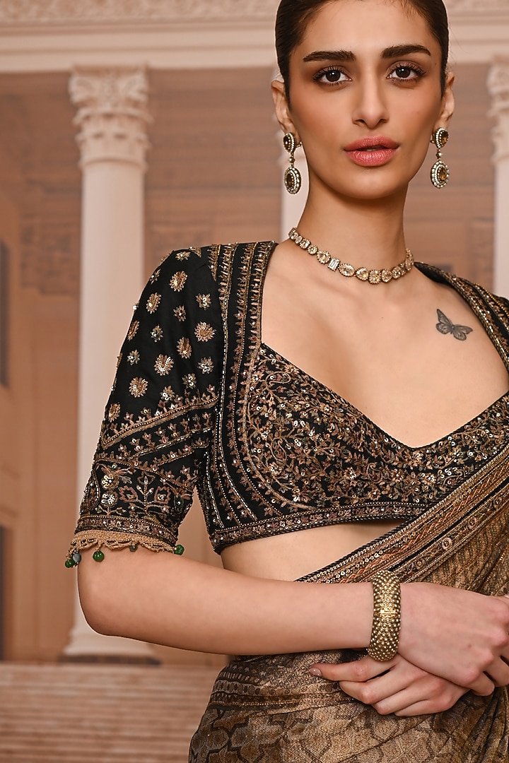 Black & Gold Georgette Embroidered Bridal Saree Set by Tarun Tahiliani at Pernia's Pop Up Shop