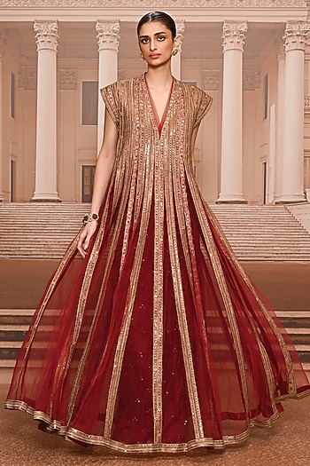 Wine & Gold Tulle Sequins Embroidered Kurta Set by Tarun Tahiliani
