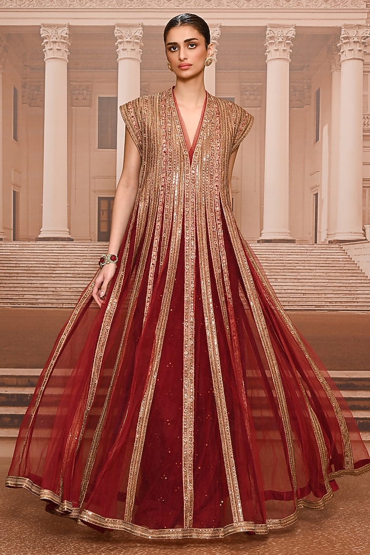 Wine & Gold Tulle Sequins Embroidered Kurta Set by Tarun Tahiliani at Pernia's Pop Up Shop
