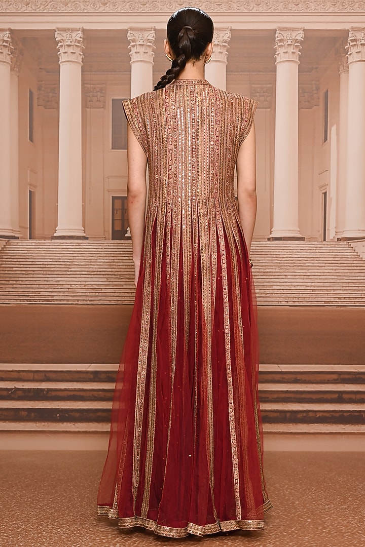 Wine & Gold Tulle Sequins Embroidered Kurta Set by Tarun Tahiliani at Pernia's Pop Up Shop