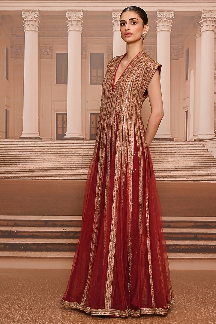 Wine & Gold Tulle Sequins Embroidered Kurta Set by Tarun Tahiliani at Pernia's Pop Up Shop