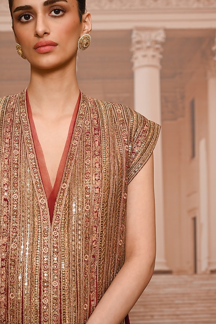 Wine & Gold Tulle Sequins Embroidered Kurta Set by Tarun Tahiliani at Pernia's Pop Up Shop