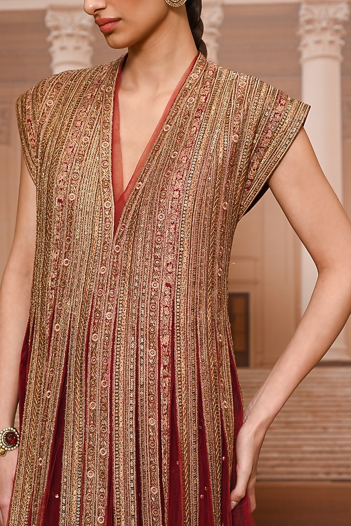 Wine & Gold Tulle Sequins Embroidered Kurta Set by Tarun Tahiliani at Pernia's Pop Up Shop