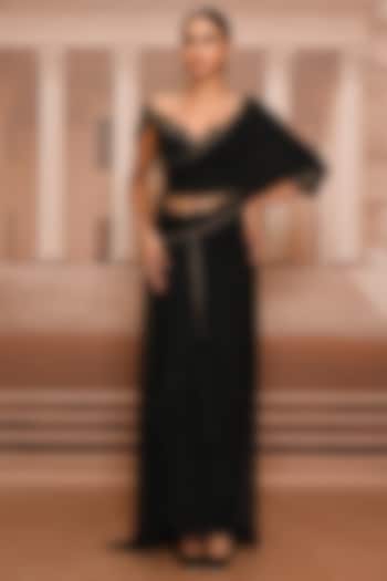 Black Georgette Draped Concept Reception Saree Set by Tarun Tahiliani at Pernia's Pop Up Shop