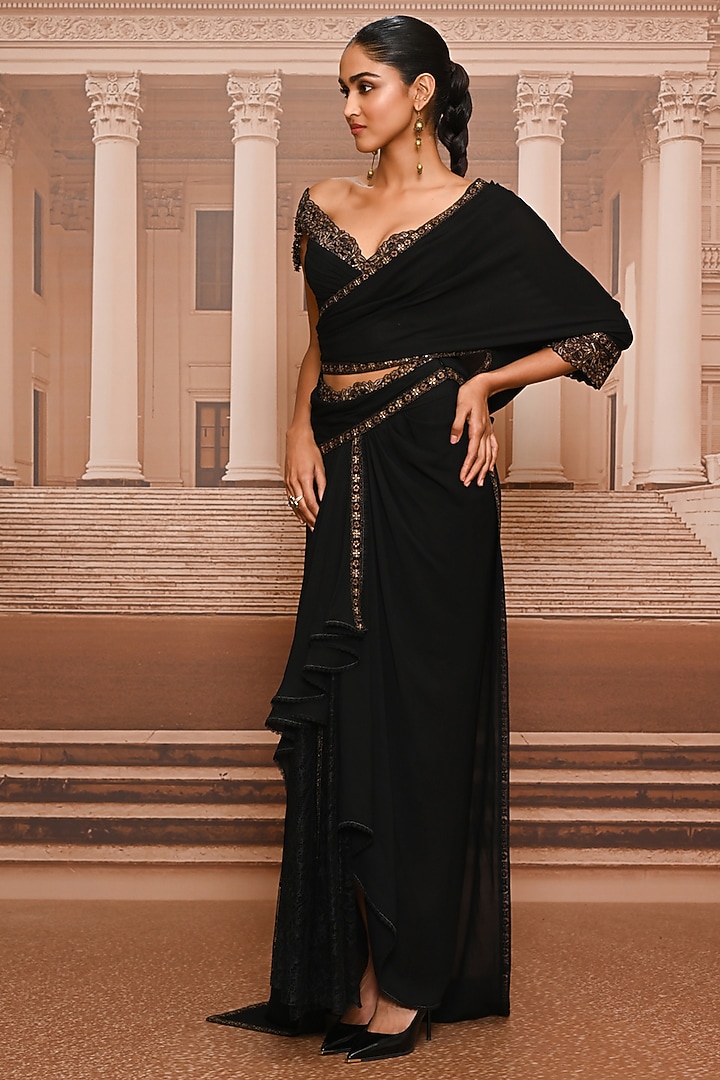 Black Georgette Draped Concept Reception Saree Set by Tarun Tahiliani at Pernia's Pop Up Shop