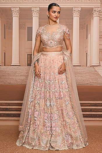 Pink Tulle Floral Embroidered Lehenga Set by Tarun Tahiliani