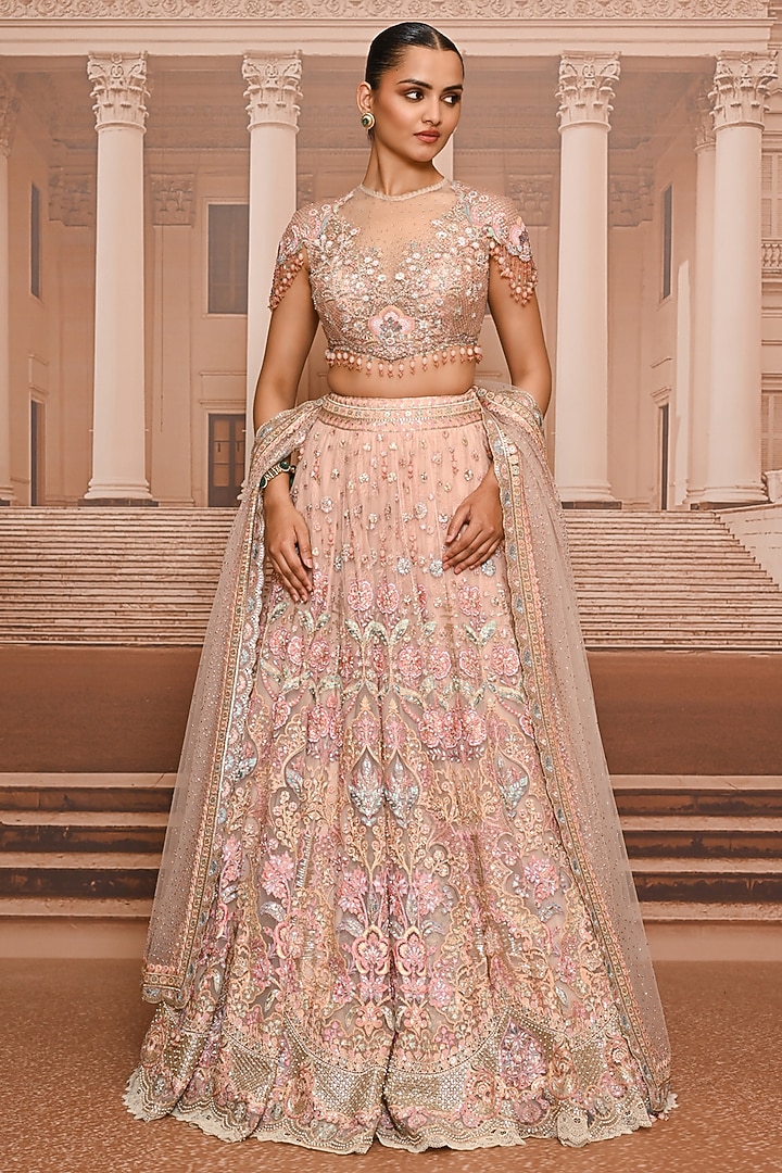 Pink Tulle Floral Embroidered Bridal Lehenga Set by Tarun Tahiliani at Pernia's Pop Up Shop