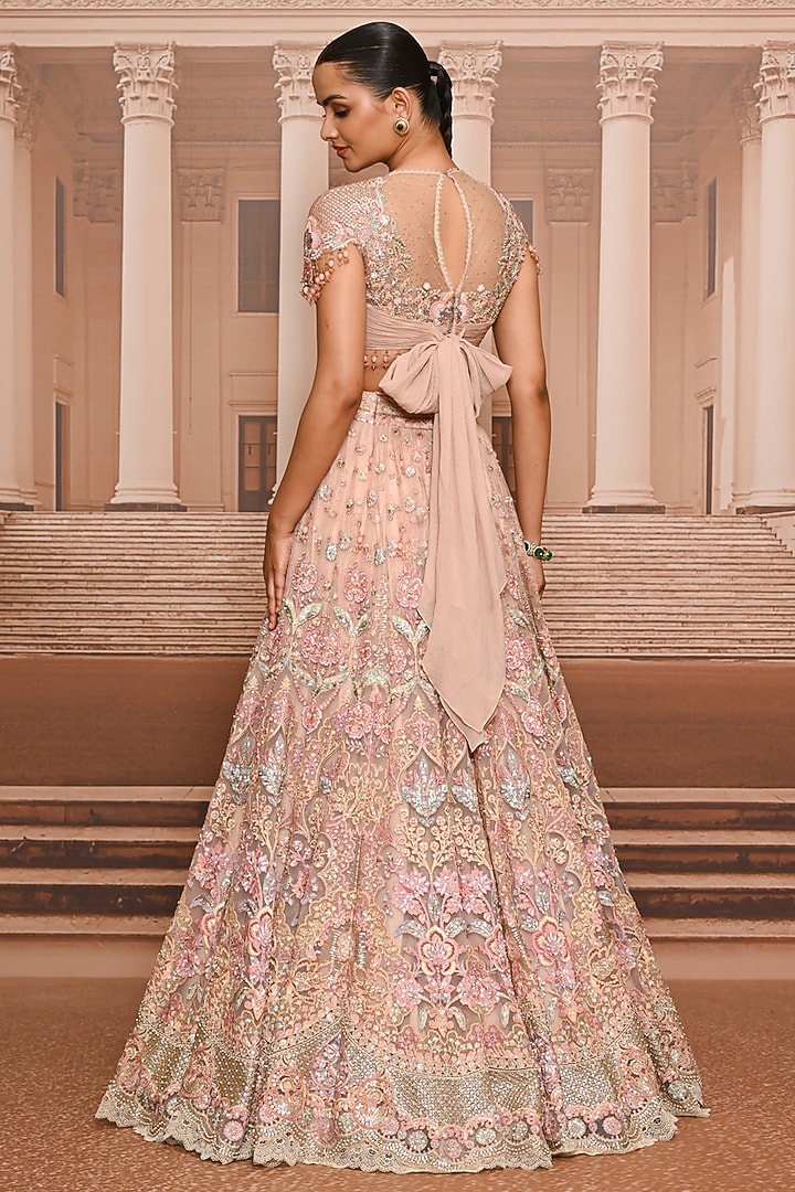 Pink Tulle Floral Embroidered Bridal Lehenga Set by Tarun Tahiliani at Pernia's Pop Up Shop