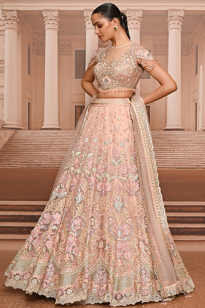 Pink Tulle Floral Embroidered Bridal Lehenga Set by Tarun Tahiliani at Pernia's Pop Up Shop