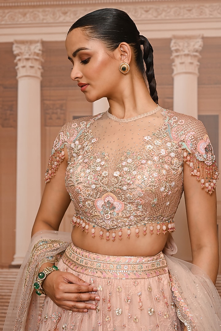 Pink Tulle Floral Embroidered Bridal Lehenga Set by Tarun Tahiliani at Pernia's Pop Up Shop
