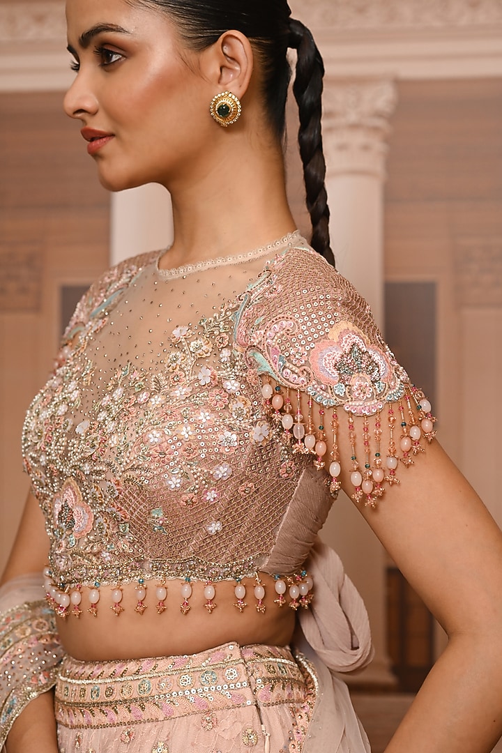 Pink Tulle Floral Embroidered Bridal Lehenga Set by Tarun Tahiliani at Pernia's Pop Up Shop