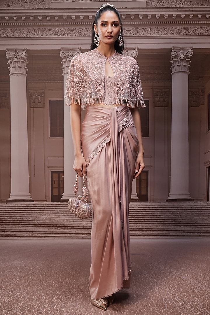 Blush Pink Tulle Floral Embroidered Cape Set by Tarun Tahiliani at Pernia's Pop Up Shop