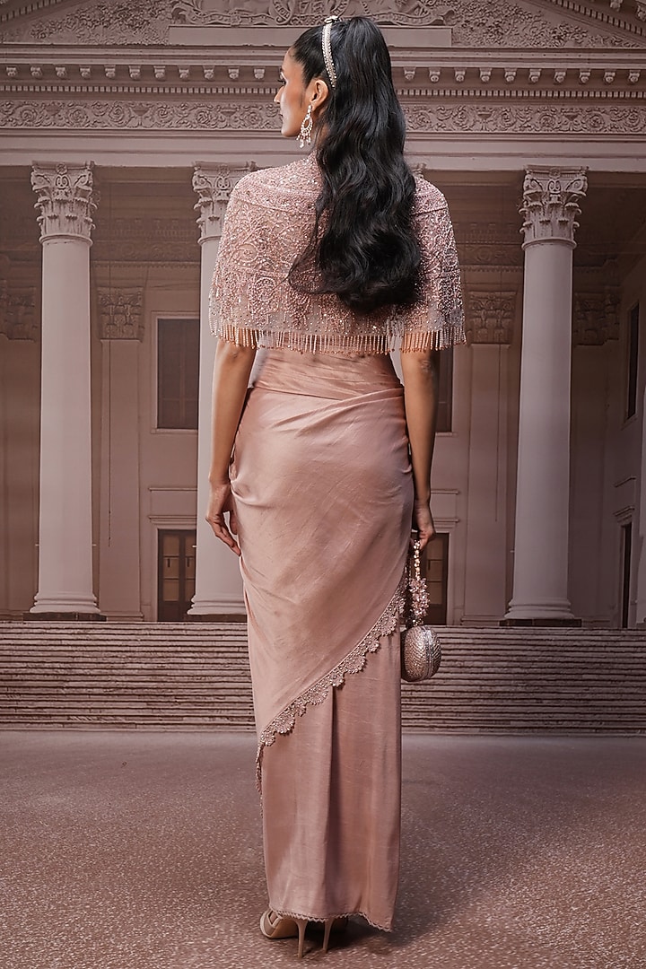 Blush Pink Tulle Floral Embroidered Cape Set by Tarun Tahiliani at Pernia's Pop Up Shop