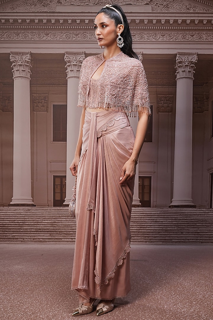 Blush Pink Tulle Floral Embroidered Cape Set by Tarun Tahiliani at Pernia's Pop Up Shop