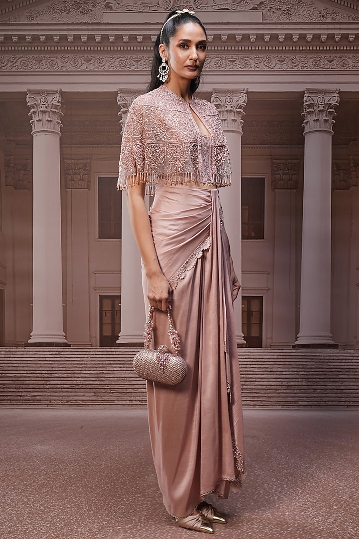 Blush Pink Tulle Floral Embroidered Cape Set by Tarun Tahiliani at Pernia's Pop Up Shop