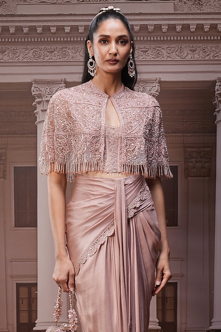 Blush Pink Tulle Floral Embroidered Cape Set by Tarun Tahiliani at Pernia's Pop Up Shop