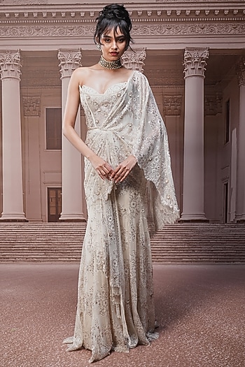 Ivory Chiffon Draped Concept Saree Set by Tarun Tahiliani