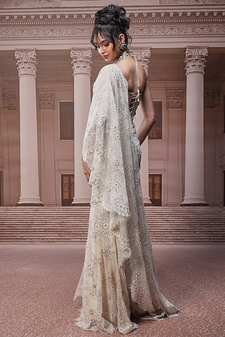 Ivory Chiffon Draped Concept Bridal Saree Set by Tarun Tahiliani at Pernia's Pop Up Shop