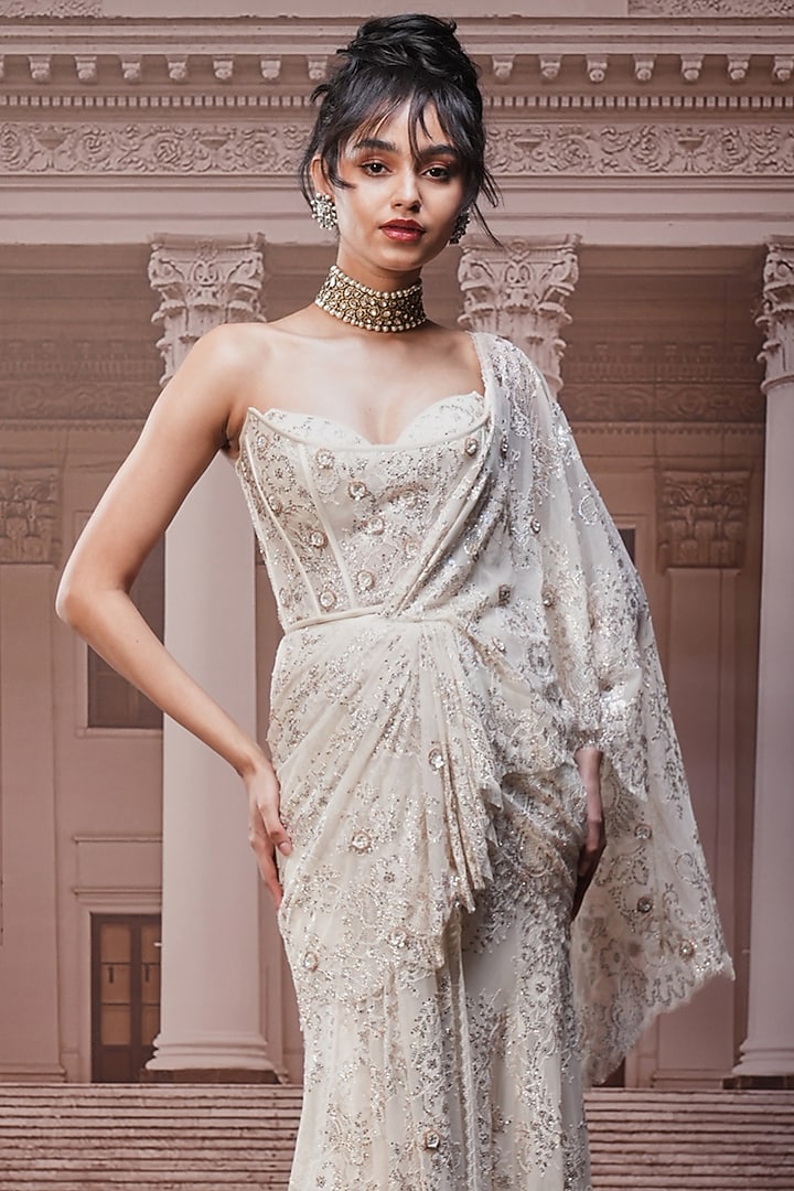 Ivory Chiffon Draped Concept Bridal Saree Set by Tarun Tahiliani at Pernia's Pop Up Shop