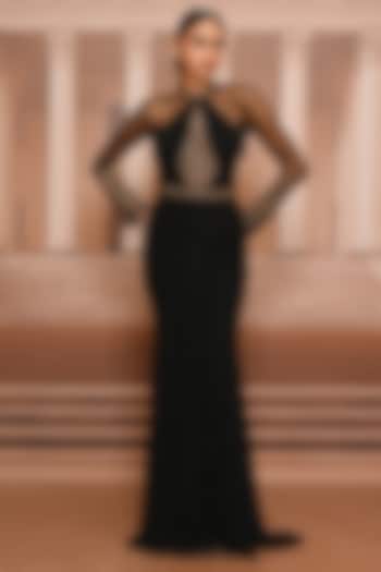 Black Georgette Sculpted Draped Party Wear Dress by Tarun Tahiliani at Pernia's Pop Up Shop
