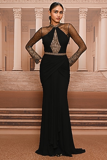 Black Georgette Sculpted Draped Dress by Tarun Tahiliani