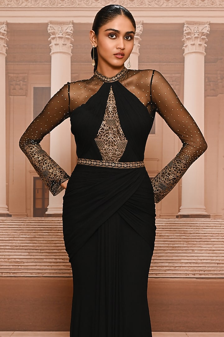 Black Georgette Sculpted Draped Party Wear Dress by Tarun Tahiliani at Pernia's Pop Up Shop